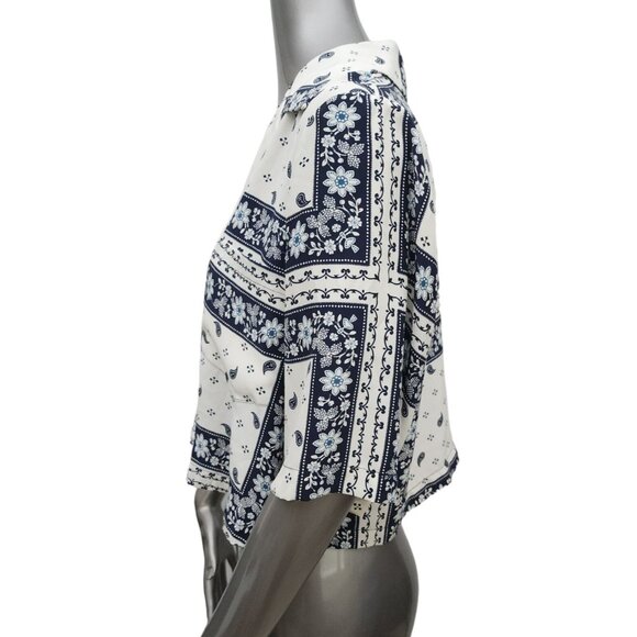 Cinq a Sept New NWT Dani Blue Floral Cropped Button Silk Shirt Top Scarf Large - Picture 5 of 10